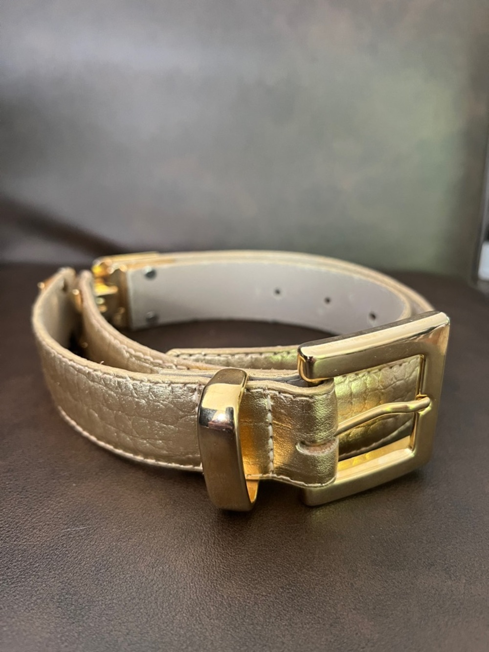 Vintage Cache Gold Metallic Leather Belt with Gold Buckle size small maximalist